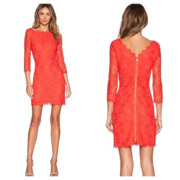 DIANE VON FURSTENBERG Zarita Dress Coral Lace Size 12 Mini Sheath Cocktail New - Picture 1 of 9